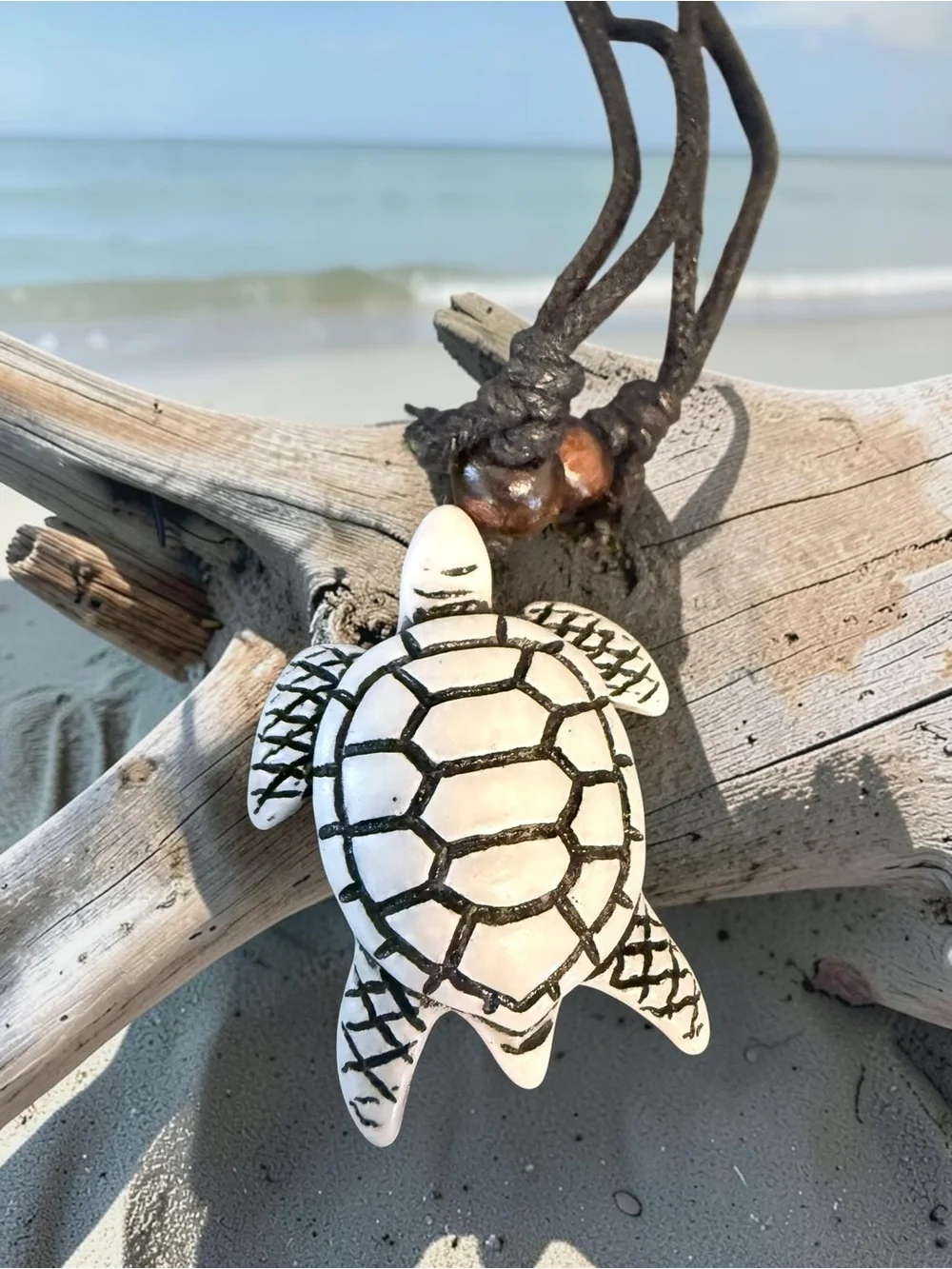Handmade Turtle Pendant Necklace in Black Cord - Beach Boho Jewelry
